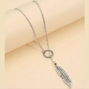 Silver Feather Lariat Pendant Boho Chic Necklace